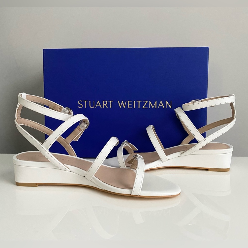 $450 STUART WEITZMAN Grecian Buckle Wedge White Leather Sandals Sz 36.5 6 B NEW - Picture 5 of 15